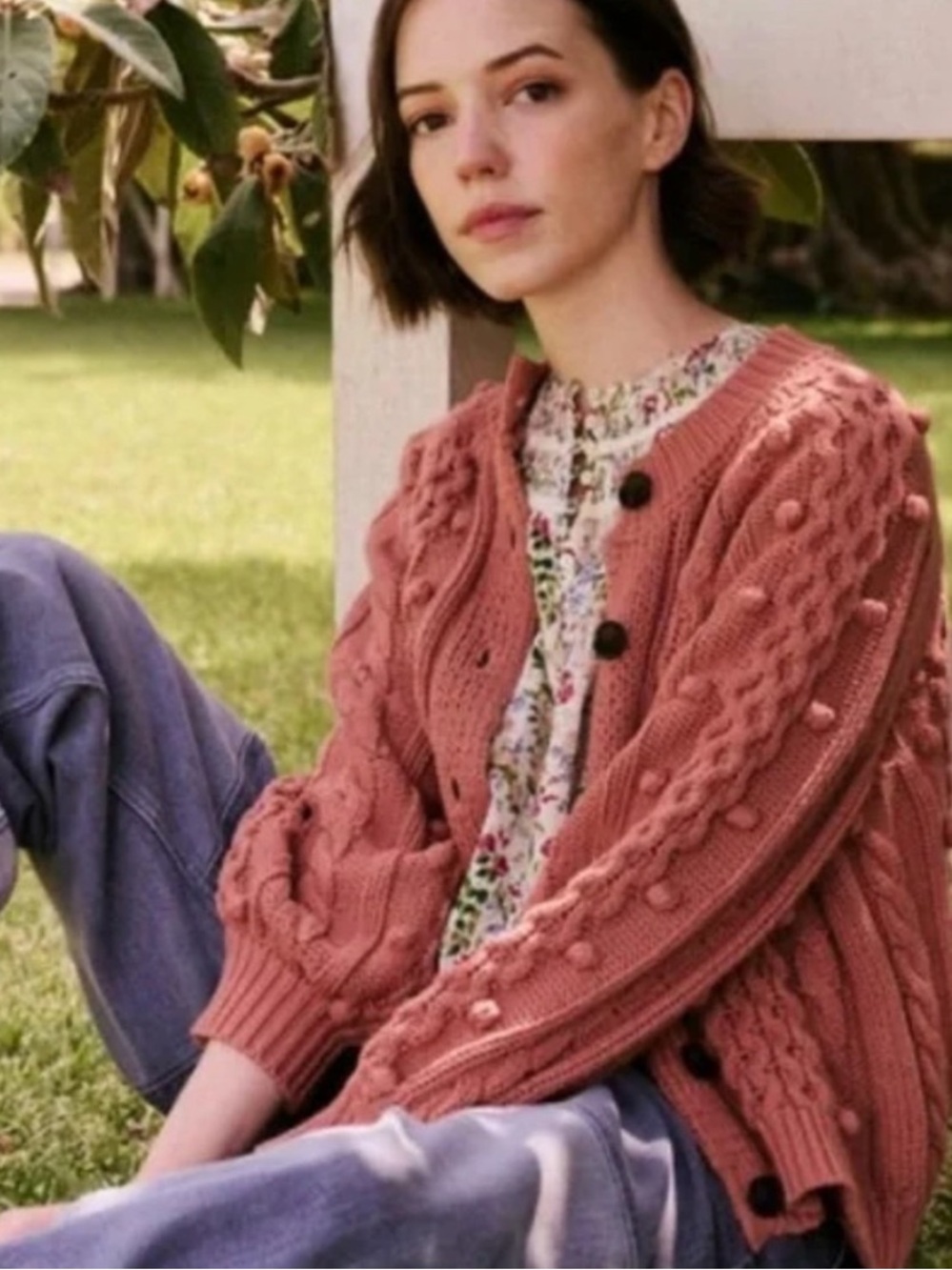 The GREAT. Mountainside Retro Cable-Knit Pom Button Cardigan Sweater